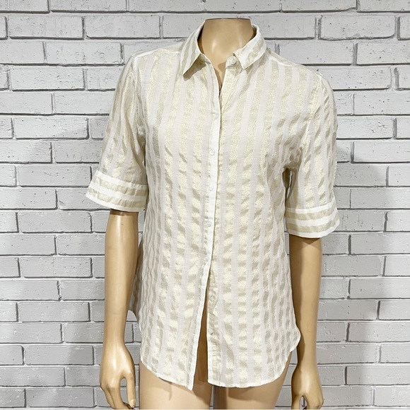 New York & Company Women’s White Gold Striped Short Sleeve Button Down - Picture 7 of 9